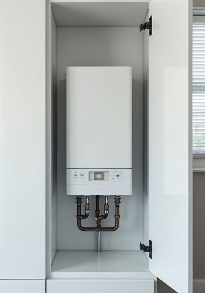 Opened kitchen cabinet with condensing gas, boiler for central heating. Boiler fitted inside cupboard. Home interior. Piping system connecting equipment. Water heating appliance. Energy saving tech